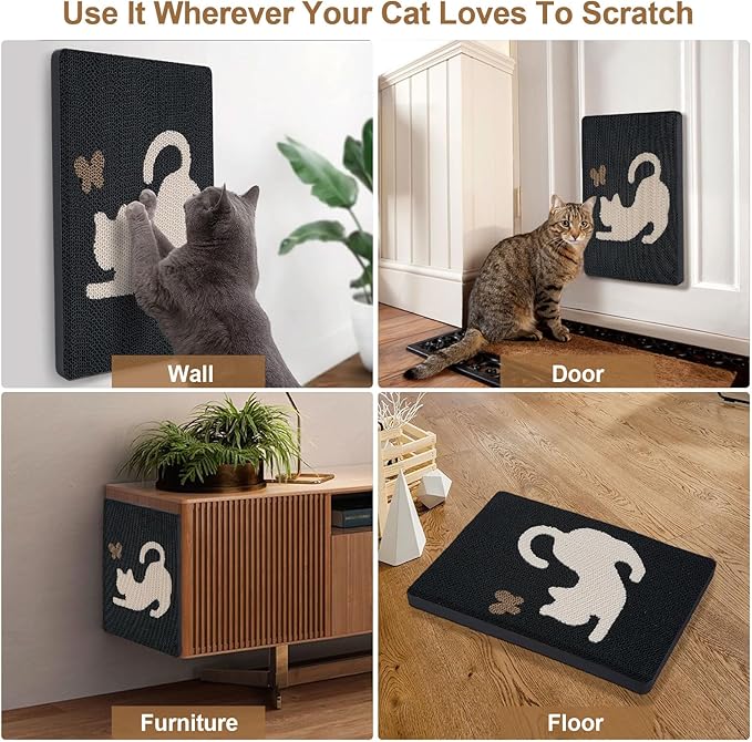 Ownpets Wall Cat Scratcher, Cute Vertical Cat Scratching Board, Wall Mounted Cat Scratch Pad for Wall, Glass, Wood, and Tile, Furniture Protector, Black