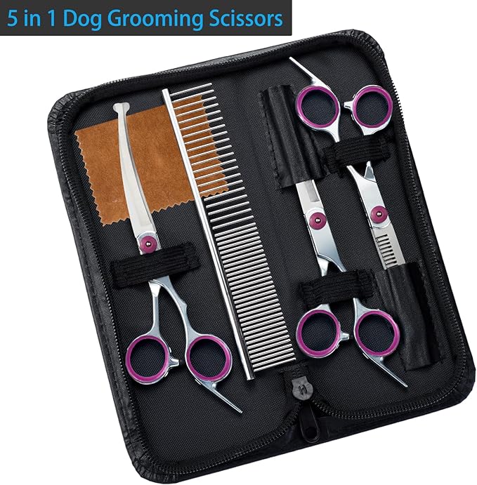 5 in 1 Premium Dog Grooming Scissors, Professional Dog Scissors for Grooming with Safety Round Tips, Lengnoyp Stainless Steel Thinning Shears, Pet Cat Shears for Grooming Kit, Pink