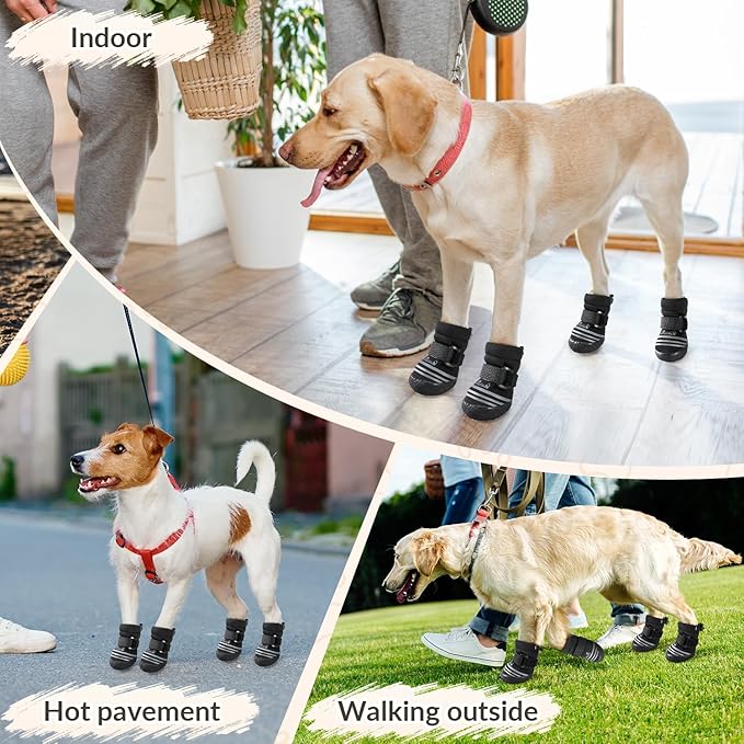 SlowTon Dog Shoes for Medium Large Dogs - Water Resistant Anti-Slip Dog Boots for Hot Pavement Rain Snow,Reflective Dog Paw Protectors for Outdoor Walking, Indoor Hardfloors(Black,5)