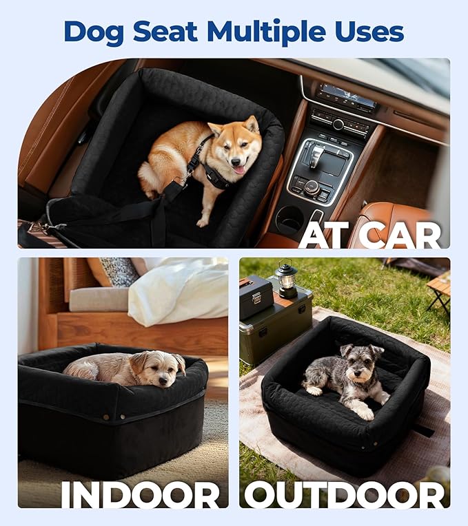 Dog Car Seat for Small Medium Dogs, Travel Pet Car Bed with Removable Waterproof Cover, Memory Foam Dog Booster Seats Up to 35 lbs, Safety Belt and Storage Pocket(Black)