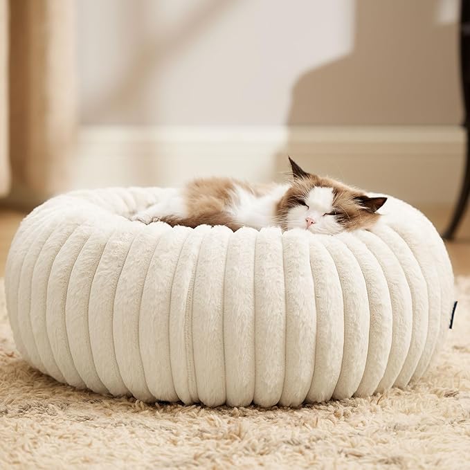 Bedsure Cat beds for Indoor Cats - Donut Dog Beds for Small Dogs with Corduroy Fleece & Anti Slip Bottom, Faux Fur Pet Beds with Washable Removable Cover, Cream, 20x20x6 inches