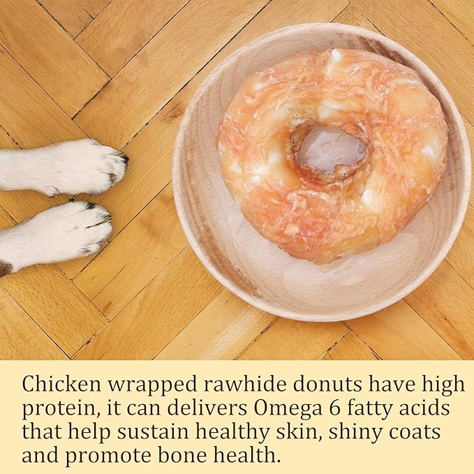 Dog Treats Large Breed, Chicken Wrapped Rawhide Donut Rings, Rawhide Dog Chews Long Lasting, Grain Free Training Snacks with Taurine for Medium Large Dogs, 4 Counts