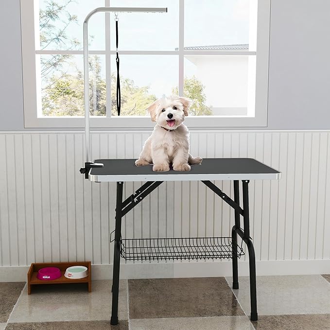 DWVO 36'' Dog Grooming Table, Foldable Pet Grooming Table with Adjustable Arm, Loop, and Mesh Tray, Non-Slip Portable Dog Bathing Station, Black