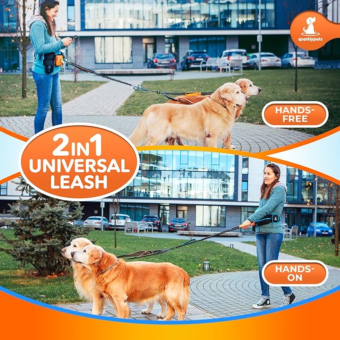 SparklyPets Double Bungee Waist 2 Dog Leash with Back Brace – Dual Dog Leash for Medium/Large Breeds – Running Belt Fanny Pack with Phone, Waste, Treat, and Bottle Pockets