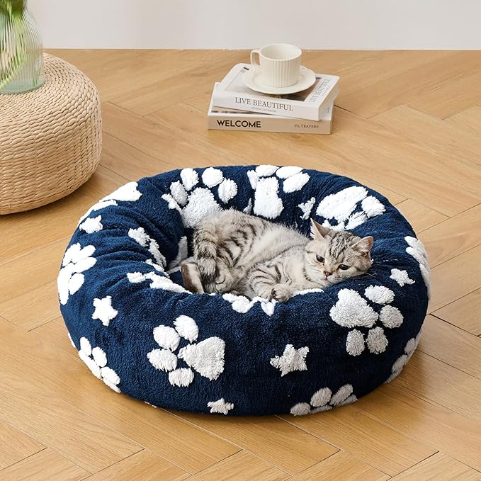 Donut Dog Beds for Small Dogs, Calming Round Cat Beds for Indoor Cats, Cute 3D Textured Paw Pet Bed with Removable Washable Cover and Anti-Slip Bottom(Navy Blue,23")