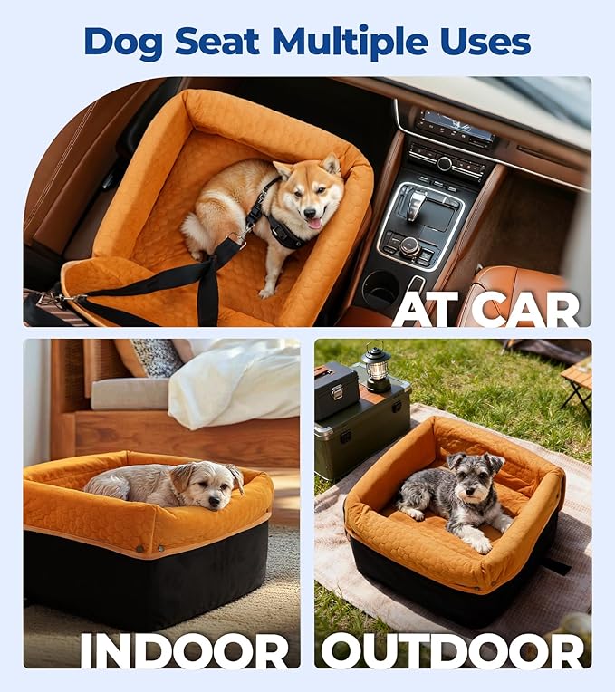 Dog Car Seat for Small Medium Dogs, Travel Pet Car Bed with Removable Waterproof Cover, Memory Foam Dog Booster Seats Up to 35 lbs, Safety Belt and Storage Pocket(Brown)