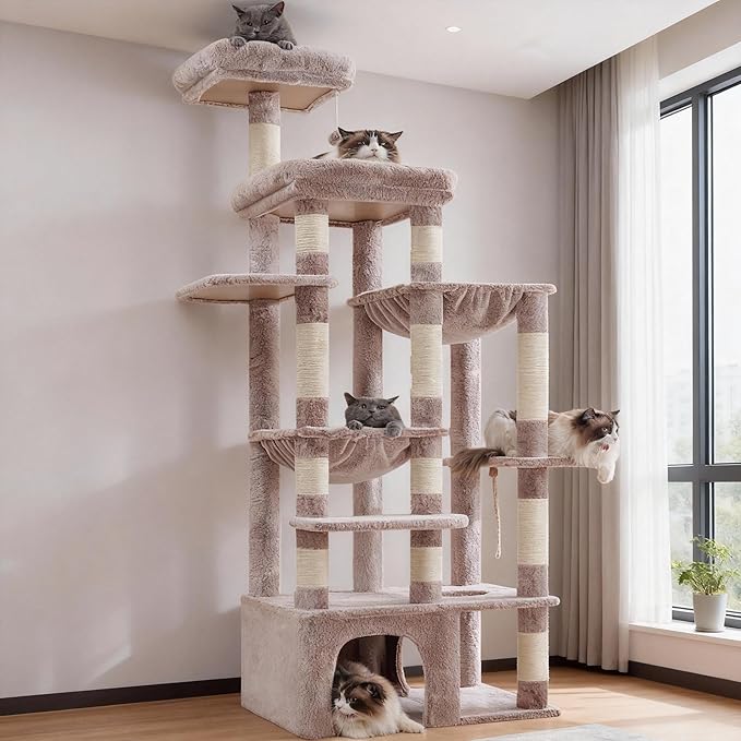 Heybly Cat Tree, 71-Inch Tall Cat Tower for Large Maine Coon Cats with Extra-Large Baseboard, Cat Condo Furniture with Multi-Level Platforms, 2 Hammocks and 12 Scratching Posts, Muchroom HCT037MU