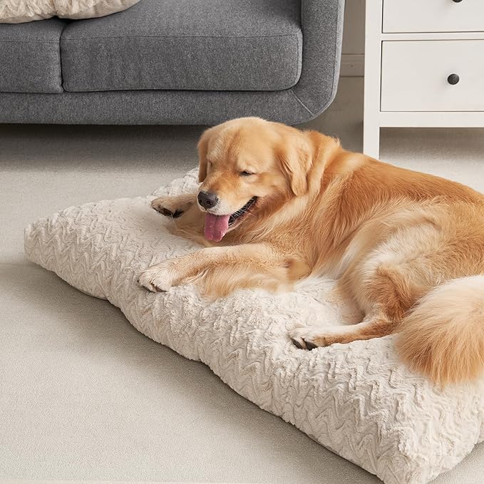 EHEYCIGA Reversible Dog Crate Bed Washable, Comfort Fluffy Plush Dog Kennel Pad for Extra Large Dogs, Deluxe Machine Washable XL Pet Sleeping Mats, 41" x 27"x 4", Beige