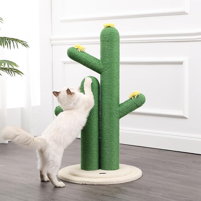 CTR1005A Socorro 34.25" Modern Jute Double-Cactus Cat Scratching Post with Flower Toys, Green/White