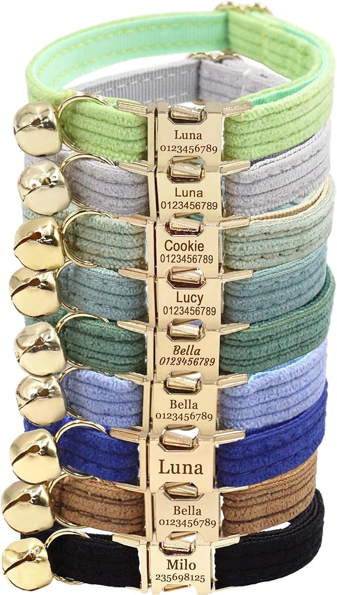 Cute Custom Cat Collar with Bells & Name Tag, Personalized Cat Collars for Girl & Boy Cats, Kitten Collar with Bell (Light Green-Striped)