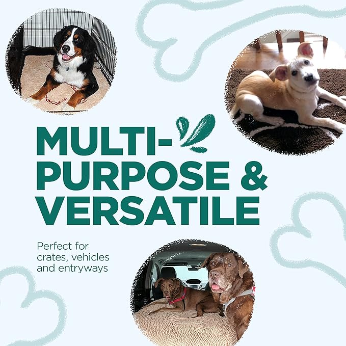 Soggy Doggy Doormat with Bone Design - Ultra Absorbent Microfiber Chenille Wet Dog Mat for Muddy Paws - Non-Slip and Machine Washable (Evergreen/Oatmeal Bone, Large 26” x 36”)