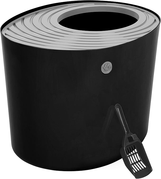 IRIS USA Cat Litter Box, Large Top Entry with Litter Catching Lid and Scoop, Dog Proof, Cat Box Enclosure, Black/Gray
