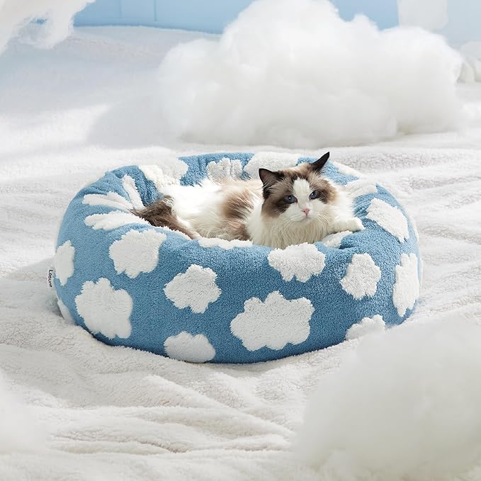 LE SURE Donut Cat Beds for Indoor Cats - Small Round Dog Bed for Calming Pets as Gift with Washable Cover, Cute Modern Puppy Beds with Jacquard Shaggy Plush & Anti Slip Bottom, 20 Inch, Blue