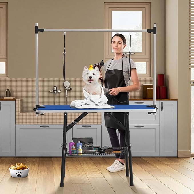 YITAHOME 46" Dog Grooming Table, Foldable Home Pet Bathing Station Table with Adjustable Arm, Non-Slip Desktop, Storage Tray& Noose, Blue