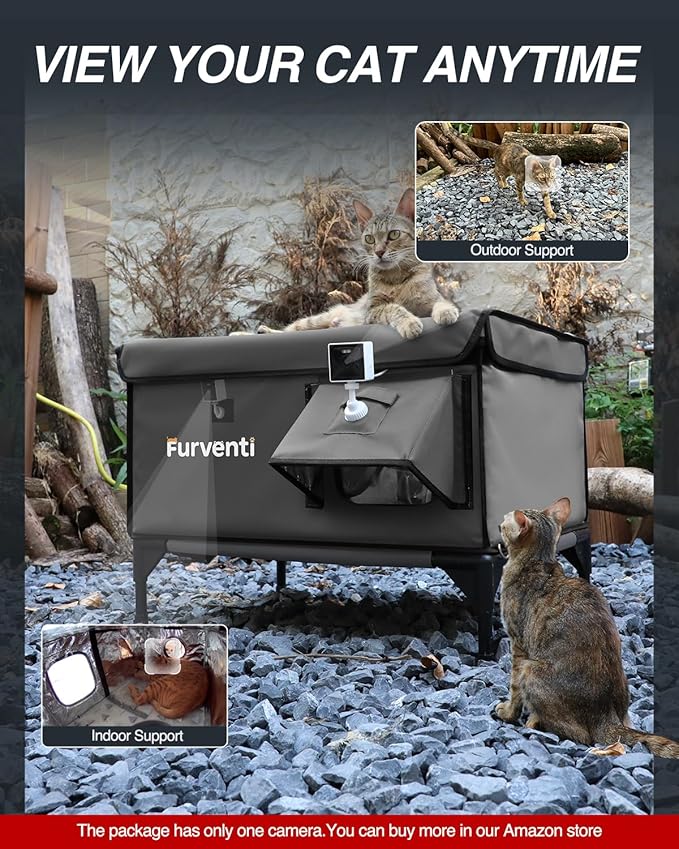 Heated Cat House for Outside,Dual Camera Mounts,100% Weatherproof & Extremely Insulated,Elevated Feral Cat Shelter with Escape Door,Waterproof Eaves for Outdoor Stray Barn Cat(Grey, L with Cam)