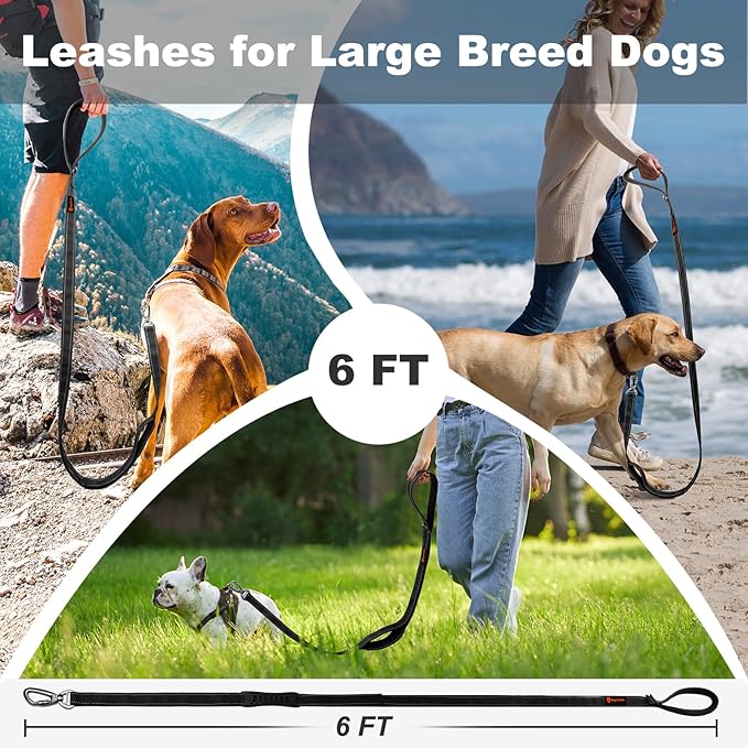 Heavy Duty Dog Leash, Laqibak Double-Sided Reflective Double Handle Dog Leash - Double-Layer Thickening, Lockable Safety Carabiner Design, 6 FT Perfect for Medium & Large Dogs Joyful Strolls, Black