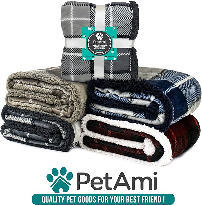 PetAmi Waterproof Dog Blanket for Medium Large Dog Puppy Cat Throw for Couch Cover Leakproof Protection, Sherpa Fleece, Reversible Soft Washable 60x40 Plaid Navy Blue
