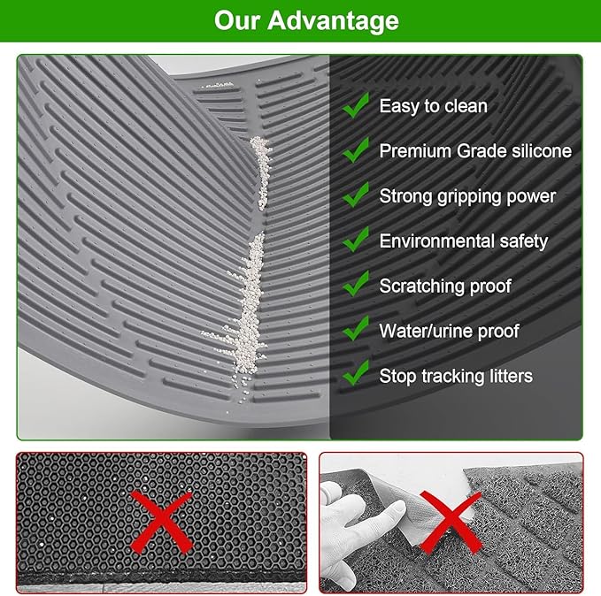 Gosmol Waterproof Cat Litter Mat, XL 28" x 20" Silicone Cat Mat for Litter Box, Large Trapping Mat with Deep Grooves, Easy Clean Non-Slip Pet Mats for Hooded/Self-Cleaning Litter Boxes - Grey