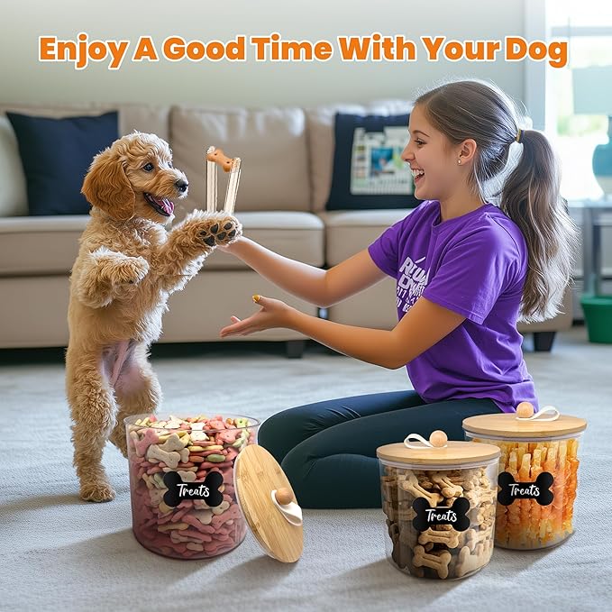 3 Pack Airtight Dog Food Storage Container, Dog Treat Container Dog Food Containers with Bamboo Lids 8x7''&6x5'',Pet Food Storage Container,Cat Food Container with Scoops,Clamp,Labels,Pen