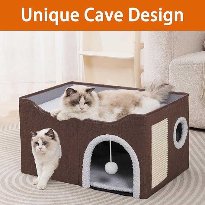 Cat Houses for Indoor Cats - Large Cat Bed Cave with Scratch Pad and Fluffy Ball, Foldable Cat Condo Hideaway with Reversible Cushion for Multi Small Pet,Brown