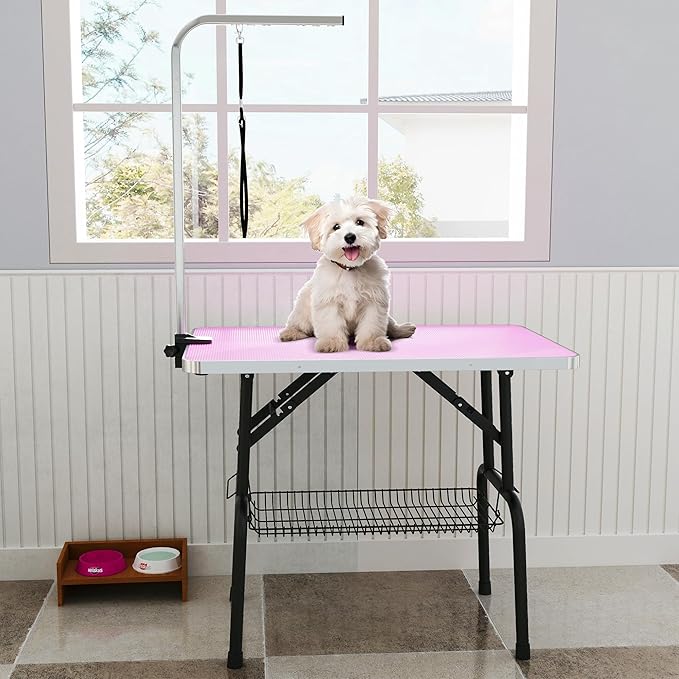 DWVO 36'' Dog Grooming Table, Foldable Pet Grooming Table with Adjustable Arm, Loop, and Mesh Tray, Non-Slip Portable Dog Bathing Station, Pink