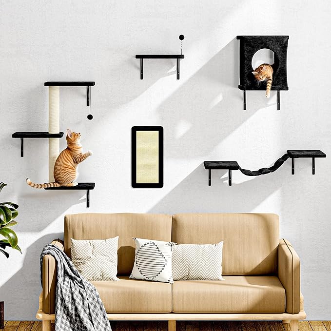 10-in-1 Cat Wall Shelves, Wall Mounted Cat Climber Set with Kitten House, Bridge, Steps, Scratcher, DIY Playground for Indoor Kitten Furniture Set, Black