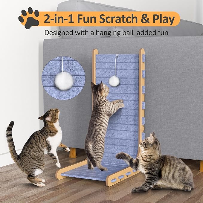 Felt Cat Scratcher for Indoor Cats, 26.8 Inches L Shape Scratching Board Vertical Cat Scratch Post with Fluffy Ball Hanging, Scratch Resistant Felt Cat Scratching Pad, Blue