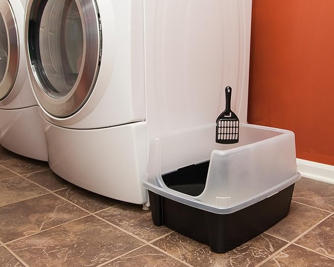 IRIS USA Large Open Top Cat Litter Box with High Sides, Scatter Shield & Scoop, Black - Easy Clean Plastic Litter Pan for Indoor Cats, Kittens or Multicat Homes