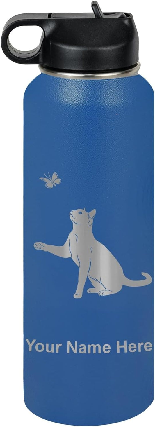 LaserGram Personalized Water Bottle, Cat with Butterfly, Stainless Steel Double Wall Vacuum Insulated with Flip Top Straw, Custom Engraved Gift (40oz / 1180ml Dark Blue)