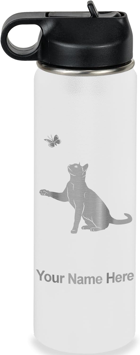 LaserGram Personalized Water Bottle, Cat with Butterfly, Stainless Steel Double Wall Vacuum Insulated with Flip Top Straw, Custom Engraved Gift (20oz / 590ml White)