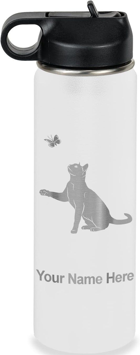 LaserGram Personalized Water Bottle, Cat with Butterfly, Stainless Steel Double Wall Vacuum Insulated with Flip Top Straw, Custom Engraved Gift (20oz / 590ml White)