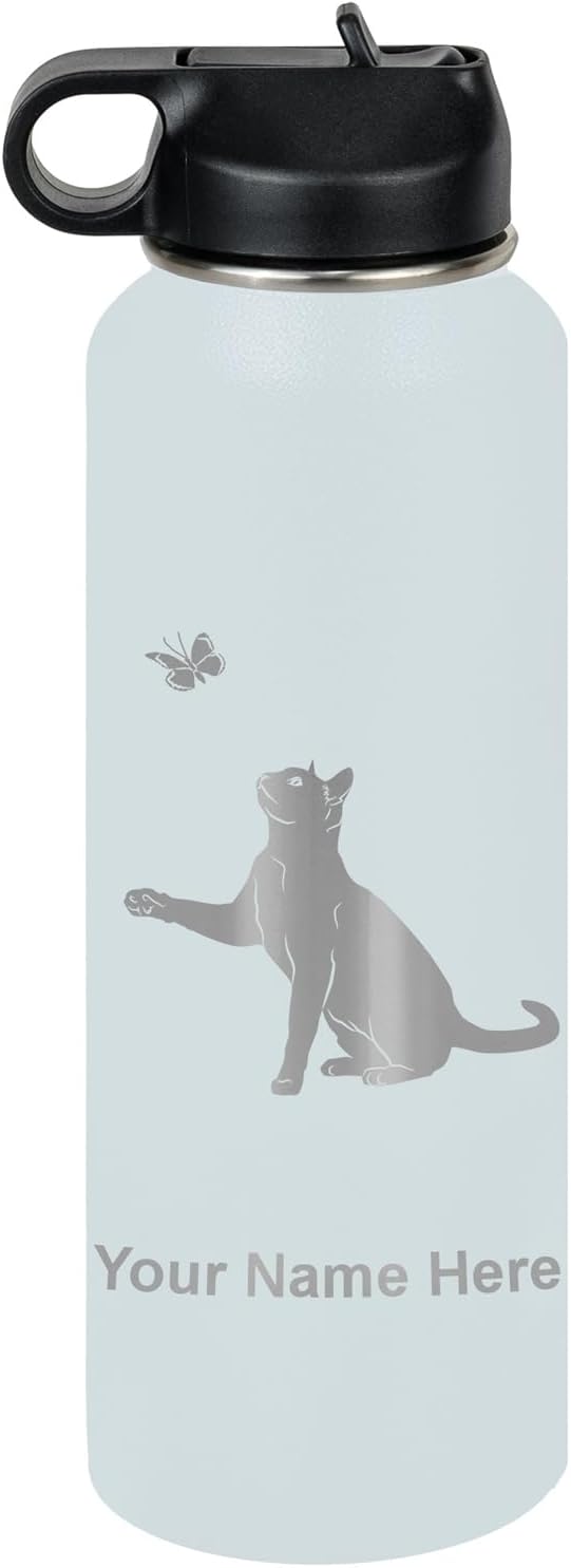 LaserGram Personalized Water Bottle, Cat with Butterfly, Stainless Steel Double Wall Vacuum Insulated with Flip Top Straw, Custom Engraved Gift (40oz / 1180ml Light Blue)