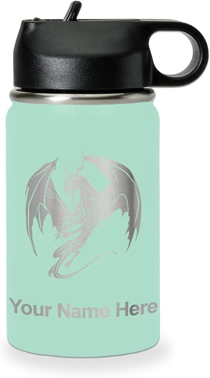 LaserGram Personalized Water Bottle, Dragon, Stainless Steel Double Wall Vacuum Insulated with Flip Top Straw, Custom Engraved Gift (12oz / 335ml Teal)