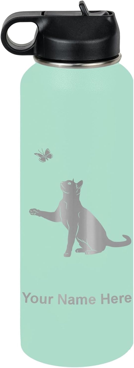 LaserGram Personalized Water Bottle, Cat with Butterfly, Stainless Steel Double Wall Vacuum Insulated with Flip Top Straw, Custom Engraved Gift (40oz / 1180ml Teal)