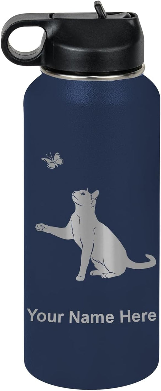 LaserGram Personalized Water Bottle, Cat with Butterfly, Stainless Steel Double Wall Vacuum Insulated with Flip Top Straw, Custom Engraved Gift (32oz / 950ml Navy Blue)
