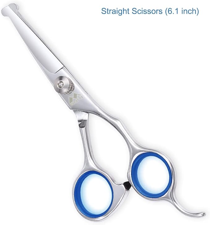 Dog Scissors with Round Tip, 6 in 1 Dog Grooming Kit, Stainless Steel Pet Grooming Scissors for Full Body, Face, Nose, Ear and Paw (Blue)