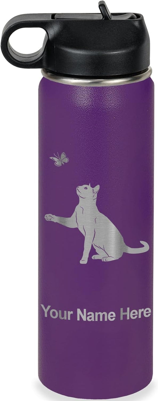 LaserGram Personalized Water Bottle, Cat with Butterfly, Stainless Steel Double Wall Vacuum Insulated with Flip Top Straw, Custom Engraved Gift (20oz / 590ml Dark Purple)