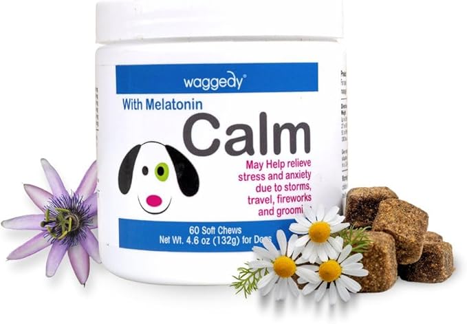 waggedy Calm with Melatonin - Calming Chews for Dogs to Manage Stress & Anxiety Relief — Pet Calming Treats for Travel, Fireworks & Separation — Dog Supplements & Vitamins (60 Chews)