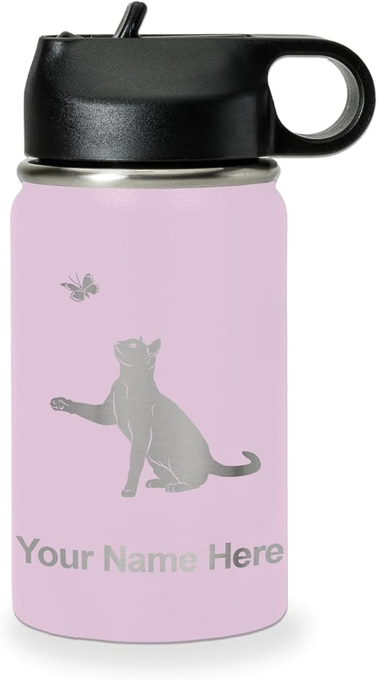 LaserGram Personalized Water Bottle, Cat with Butterfly, Stainless Steel Double Wall Vacuum Insulated with Flip Top Straw, Custom Engraved Gift (12oz / 335ml Lavender)