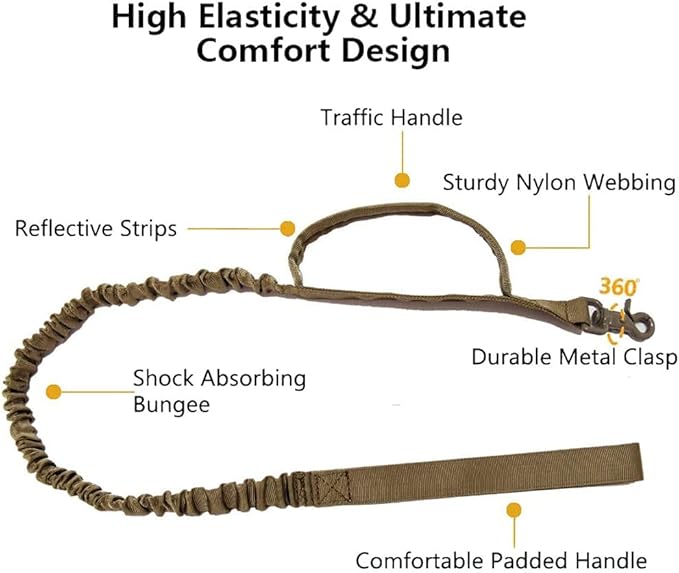 Tactical Dog Collar and Leash Set Tactical Dog Collar with Handle Bungee Leash Adjustable Military Training Nylon Collar Dog Training Collar Leash Set with Control Handleand Metal Buckle （Brown L