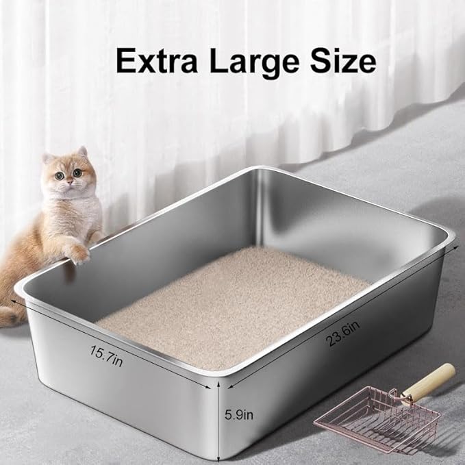 Stainless Steel Cat Litter Box, Large Metal Litterbox, 2-Pack XL Stainless Steel Litter Tray Pan for Big Cats, 23.6" Lx15.7 W x5.9 H, No Odour Absorption, Easy to Clean, Rustproof, Leakproof
