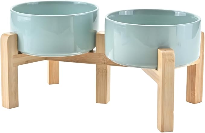SPUNKYJUNKY Elevated Dog Bowls Ceramic, 6.1'' Dogs and Cat Food Water Bowls Raised with Non-Slip Bamboo Stand for Medium Sized Breed Microwave Dishwasher Safe - 28.7 OZ,Light Green
