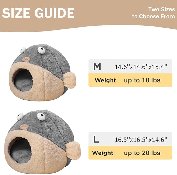 Cat Beds for Indoor Cats - Cat Bed Cave with Removable Washable Cushioned Pillow,2 in 1 Super Soft cat Tent for Kitten and Small Cats, Lively Pufferfish Animal-Shape & Furniture, Grey Multiple Sizes