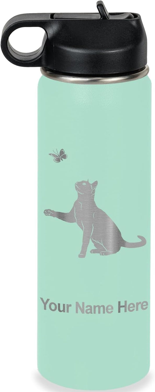 LaserGram Personalized Water Bottle, Cat with Butterfly, Stainless Steel Double Wall Vacuum Insulated with Flip Top Straw, Custom Engraved Gift (20oz / 590ml Teal)