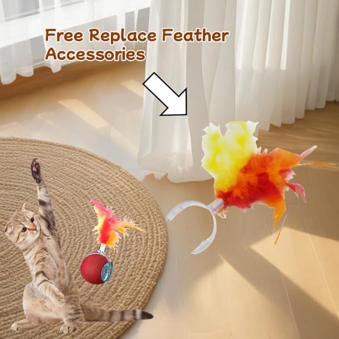 2025 New Interactive Cat Toy Ball for Indoor Cats Dog, Smart 360° Automatic Rolling Pet Ball Kitten Toys with Replace Feather , 3.0 Tail Electric Cat's Toys with LED Light Three Modes Adjustment