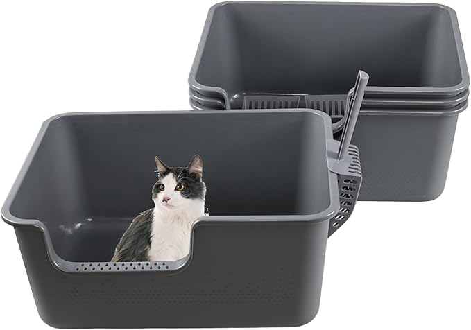 4-Pack Cat Litter Box with High Sides, Grey Open Top Litter Box