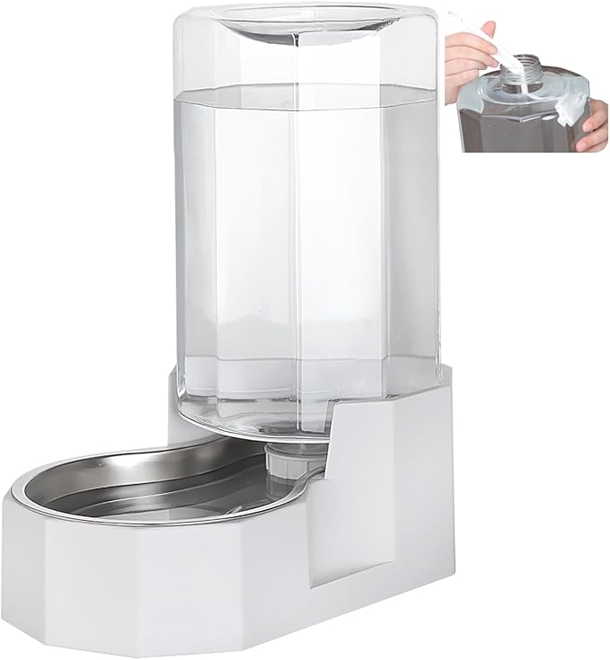 Sfozstra Automatic Pet Water Dispenser: 8L White Gravity Stainless Steel Water Bowl - with Specialized Brush - Angular Water Feeder for Senior Pet Dogs with Neck Pain Relief in Living Room Bedroom