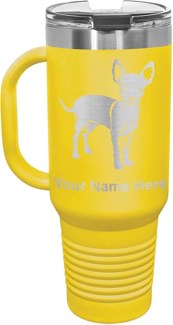LaserGram 40oz Vacuum Insulated Travel Mug with Handle, Chihuahua Dog, Personalized Engraving Included (Yellow)