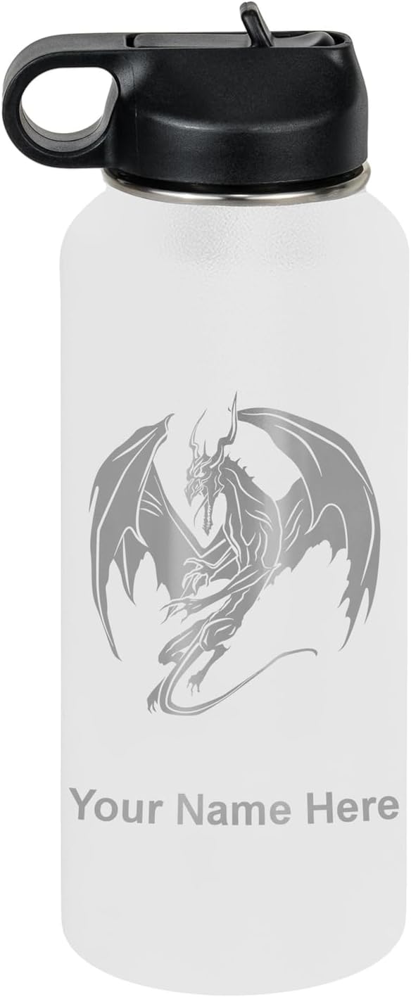 LaserGram Personalized Water Bottle, Dragon, Stainless Steel Double Wall Vacuum Insulated with Flip Top Straw, Custom Engraved Gift (32oz / 950ml White)