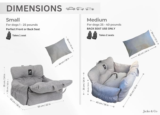 JACKO & CO Premium Medium Dog Car Seat – Safe & Cozy Travel Bed for Small & Med Dogs, Puppies & Pets 25–40 lbs, Clip-On Leash, Storage Pockets, Water-Resistant, Machine Washable (Grey, Medium)